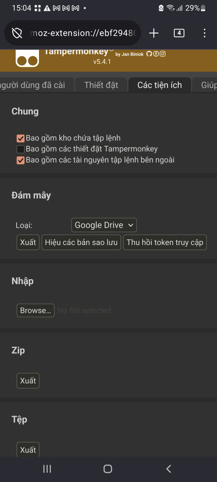 Tampermonkey Các tiện ích tab