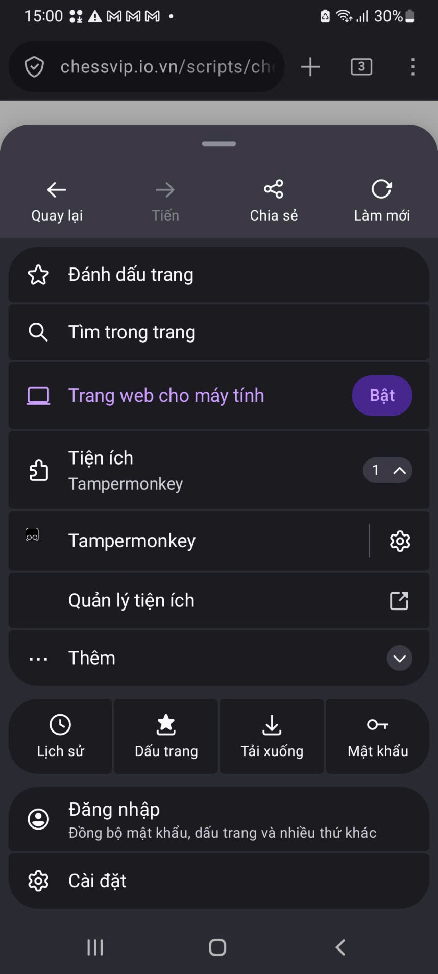 Bấm 3 chấm → Tiện ích → Tampermonkey